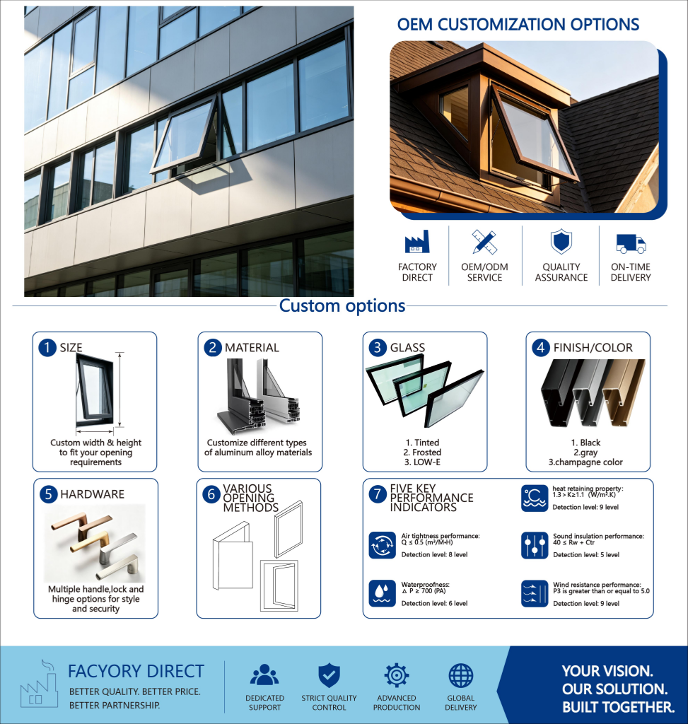 Fashionable Weatherproof Swing Awning Window Stainless Steel Aesthetic Aluminium Frame Outdoor Kitchen Villa Bathroom Exterior