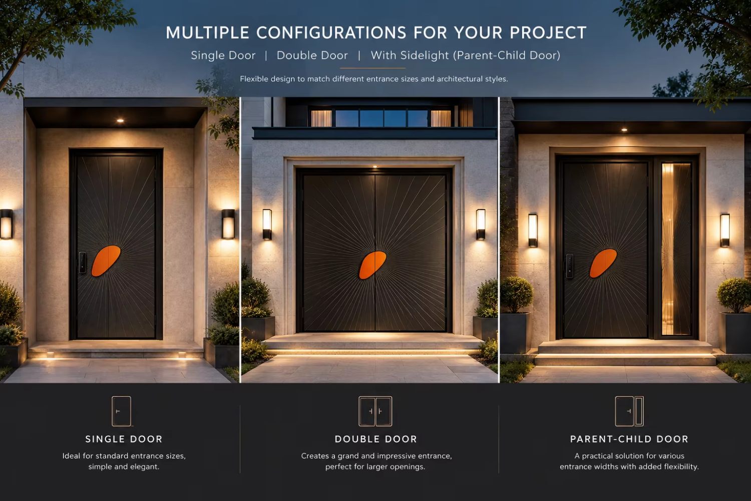 Aluminum Security Entry Doors Customized Double Front Entry Doors Smart Lock Anti-Theft Finished Dark Grey