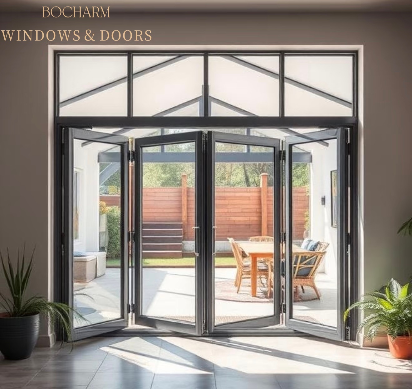 BOCHARM Aluminum Alloy Foldable Concertina Folding Bi-fold Doors Double Tempered Glass Ultra-Slim Profile for Supermarket