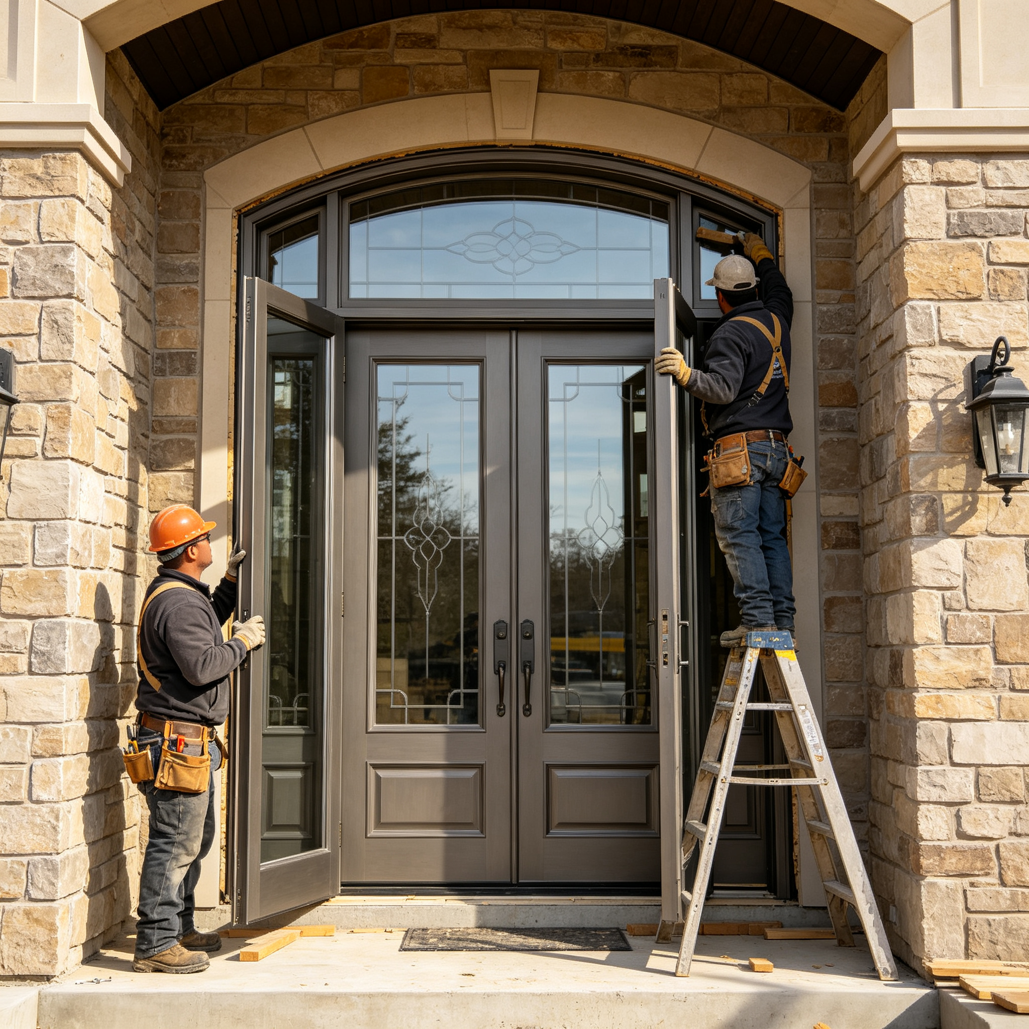 Thermal Break Aluminum Double Entry Door Double Glazed Glass Grand Entrance With Transom For Luxury Residential Homes