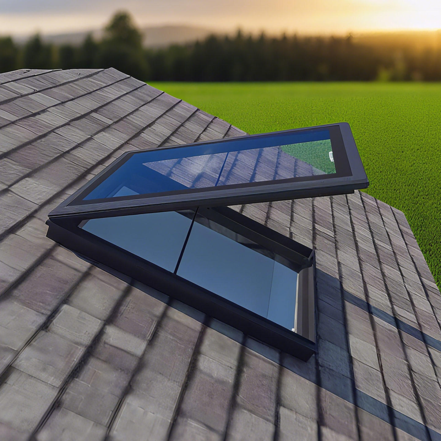 Manual Swing Vented Skylight 600X600mm Double Layer Tempered Glass Aluminum Alloy Frame for Attics Basements Roofs House Windows