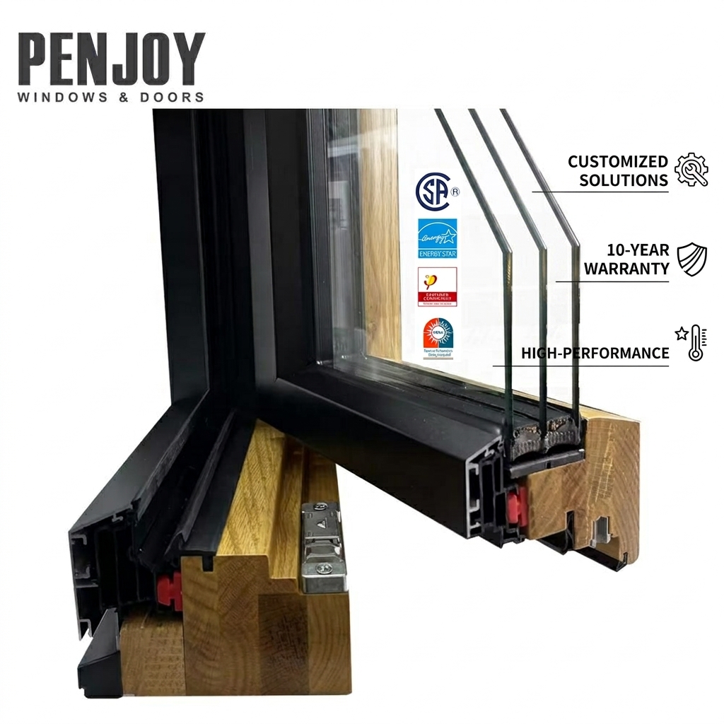 Penjoy Solid Wood Core Aluminum Clad Wood Casement Window Triple Glazing Low-E Tempered Glass Energy Star Passive House