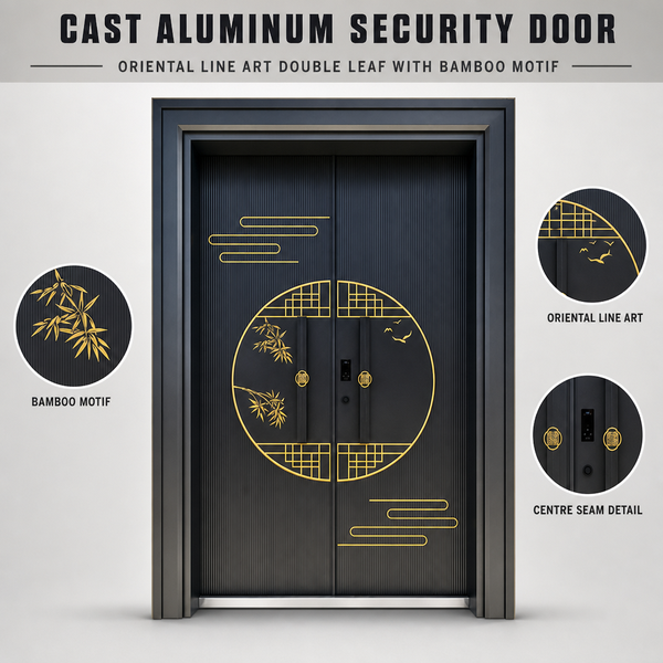 Minimalist Gold Cast Aluminum Entry Door with Lattice Band Bamboo Motif Anti-Theft &amp; Thermal Insulation for Villa Commercial Use
