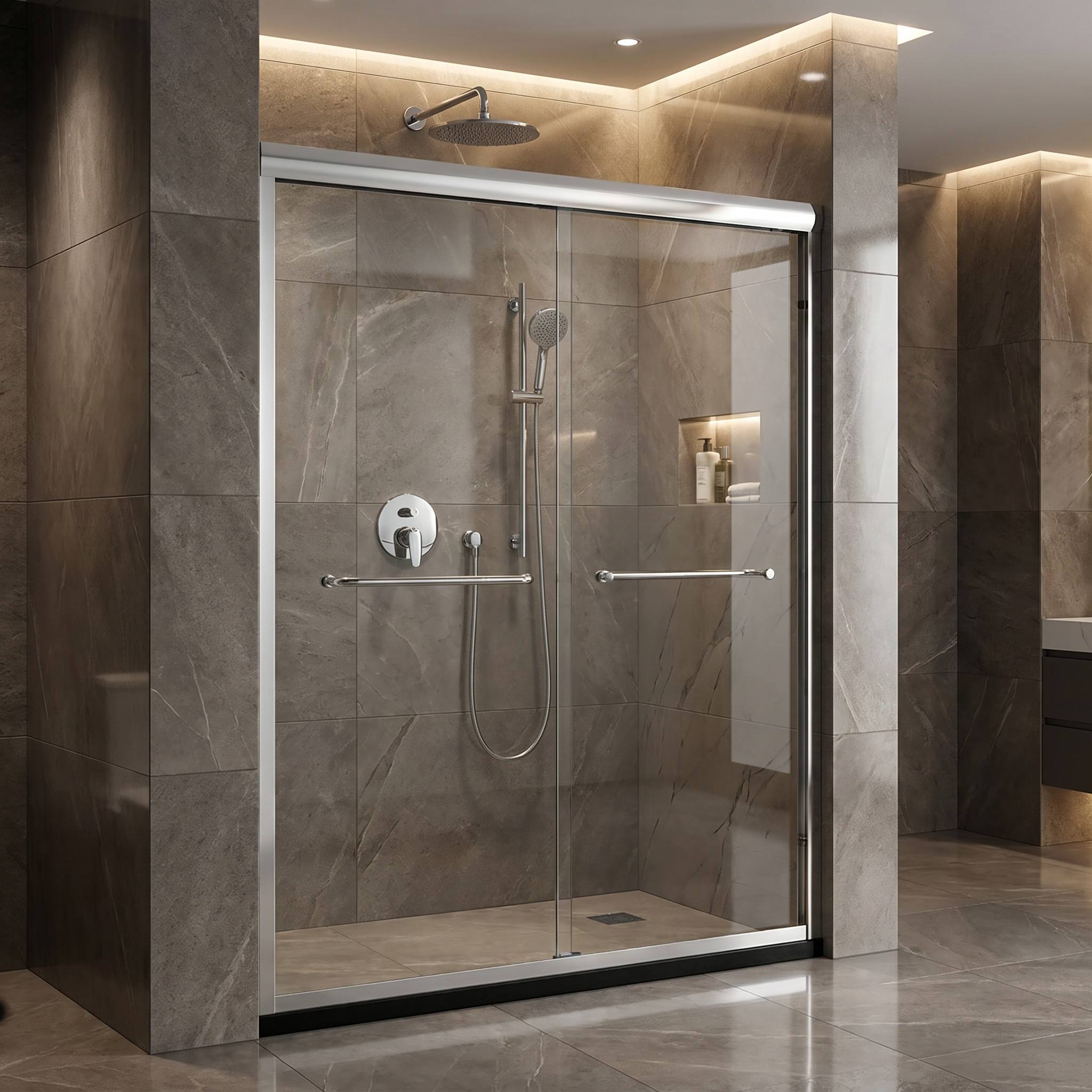 Hotels Shower Door Tempered Glass with Brushed Aluminium Frame Bypass Bathroom Frame Double Sliding Shower Room Door