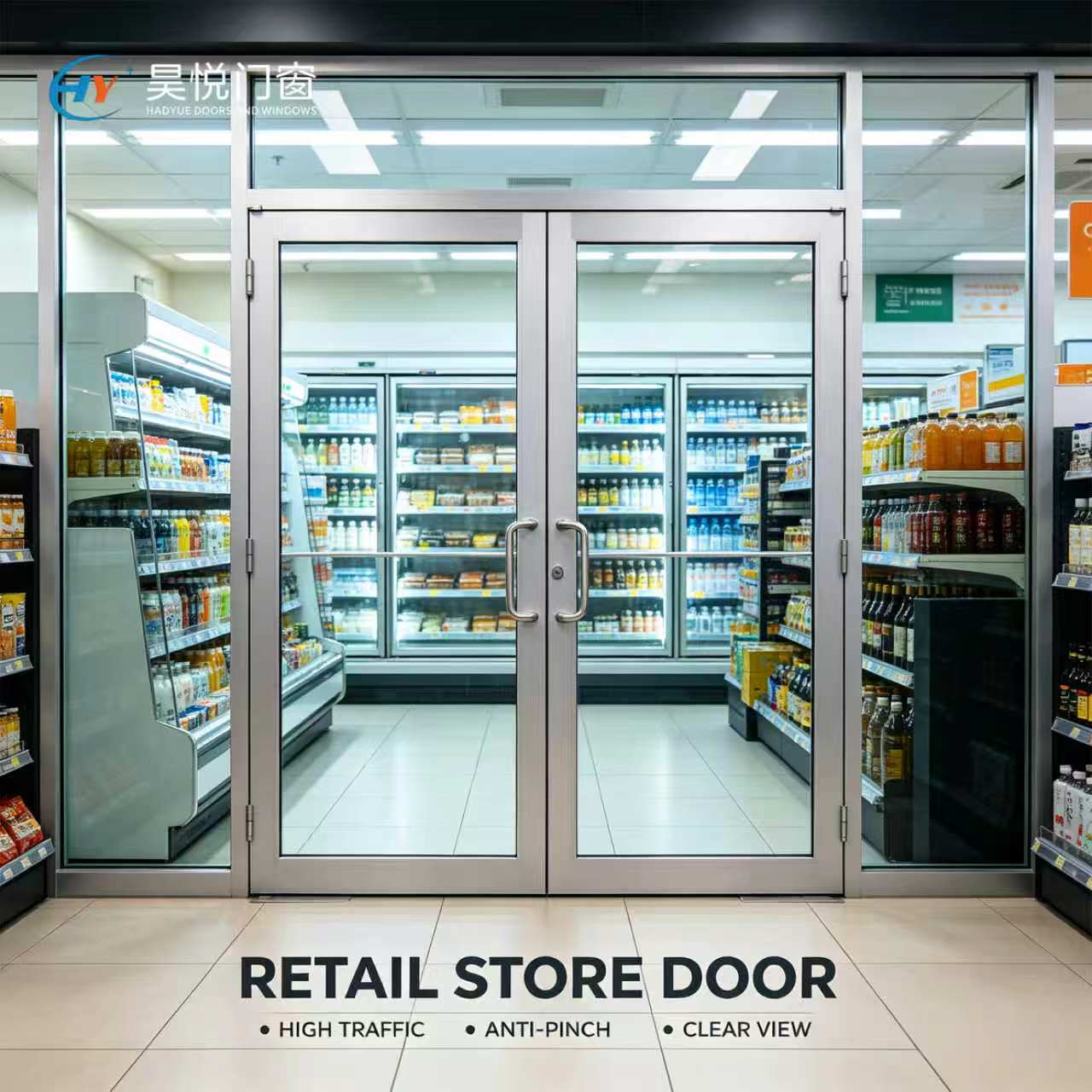 High Traffic Modern Aluminum Glass Swing Door with Sound Insulation for Retail Store Supermarket Convenience Shop Commercial Use