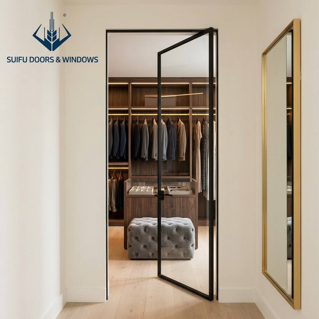 Minimalist Slim Frame Aluminum Swing Door for Bathroom Kitchen Fluted Glass Narrow Frame Casement Door with Magnetic Mute Lock