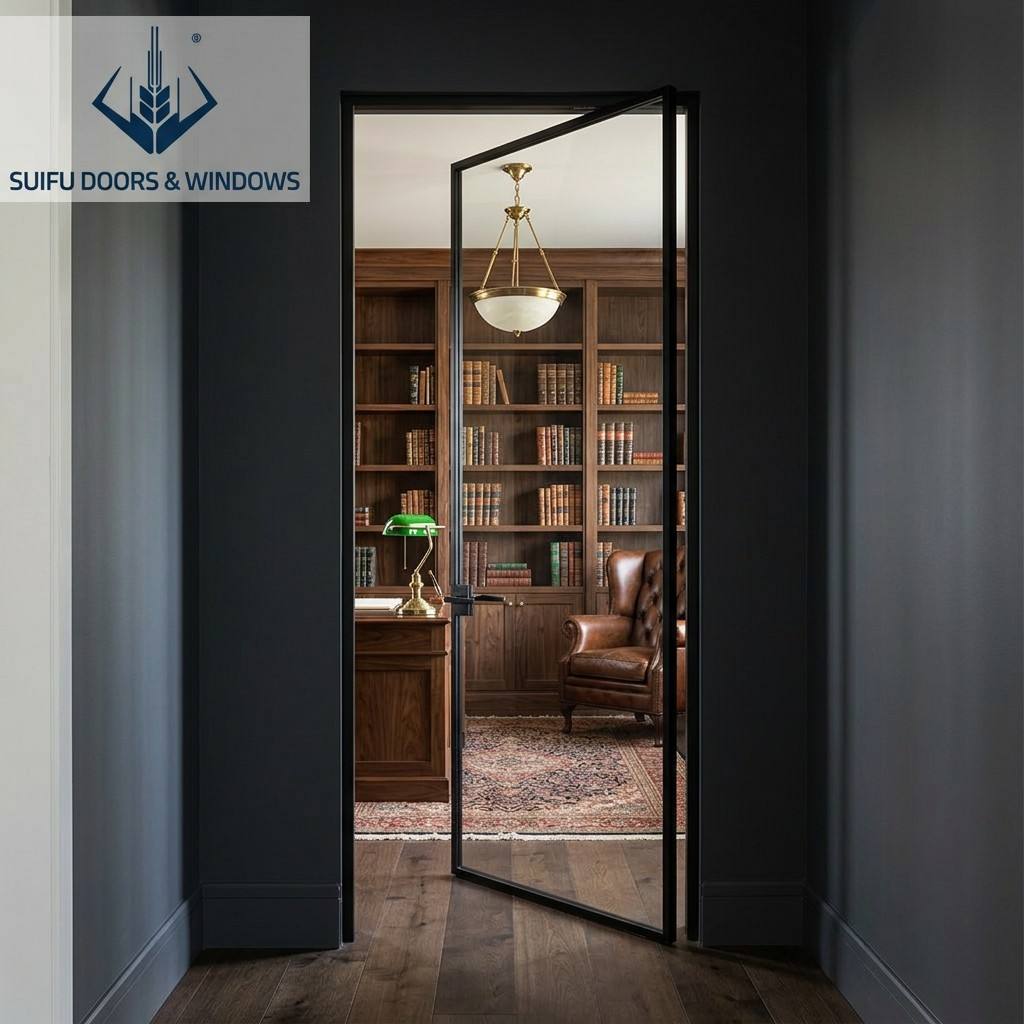 Minimalist Slim Frame Aluminum Swing Door for Bathroom Kitchen Fluted Glass Narrow Frame Casement Door with Magnetic Mute Lock