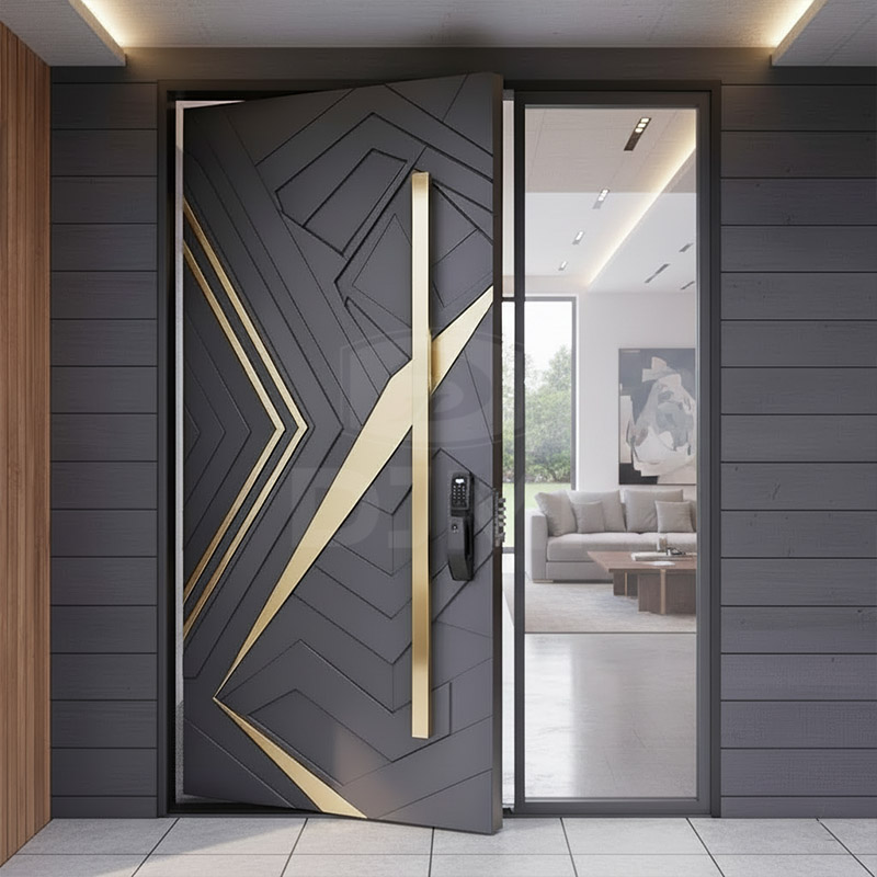 American Villa Big Luxury Black Aluminum Wood Irregular Entrance Door Modern Stainless Steel Front Entry Pivot Door