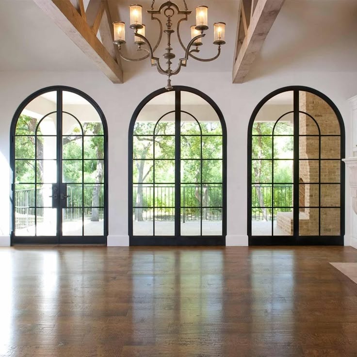 Insulated Arched Antique Heritage Black Aluminium French Front Doors with Grid Strip Glass for Outdoor Entry