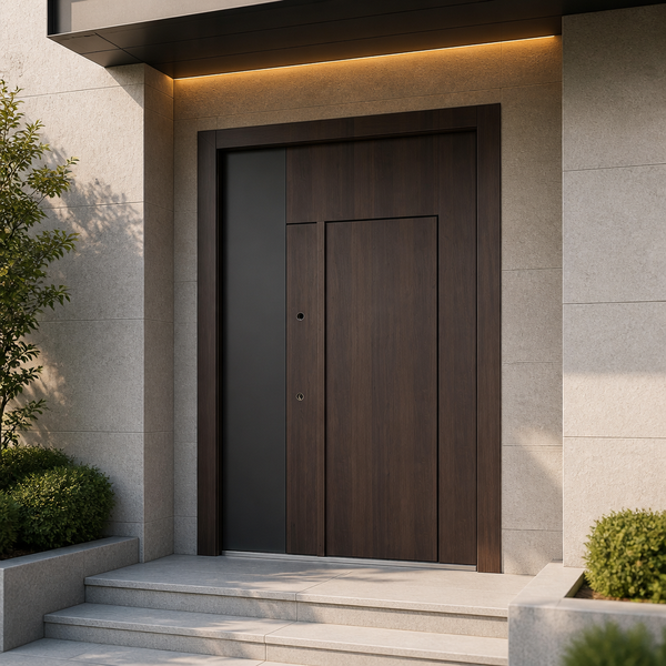 Waterproof Wood Grain Cast Aluminum Double Leaf Entry Door with Charcoal Panel for Corporate Suite