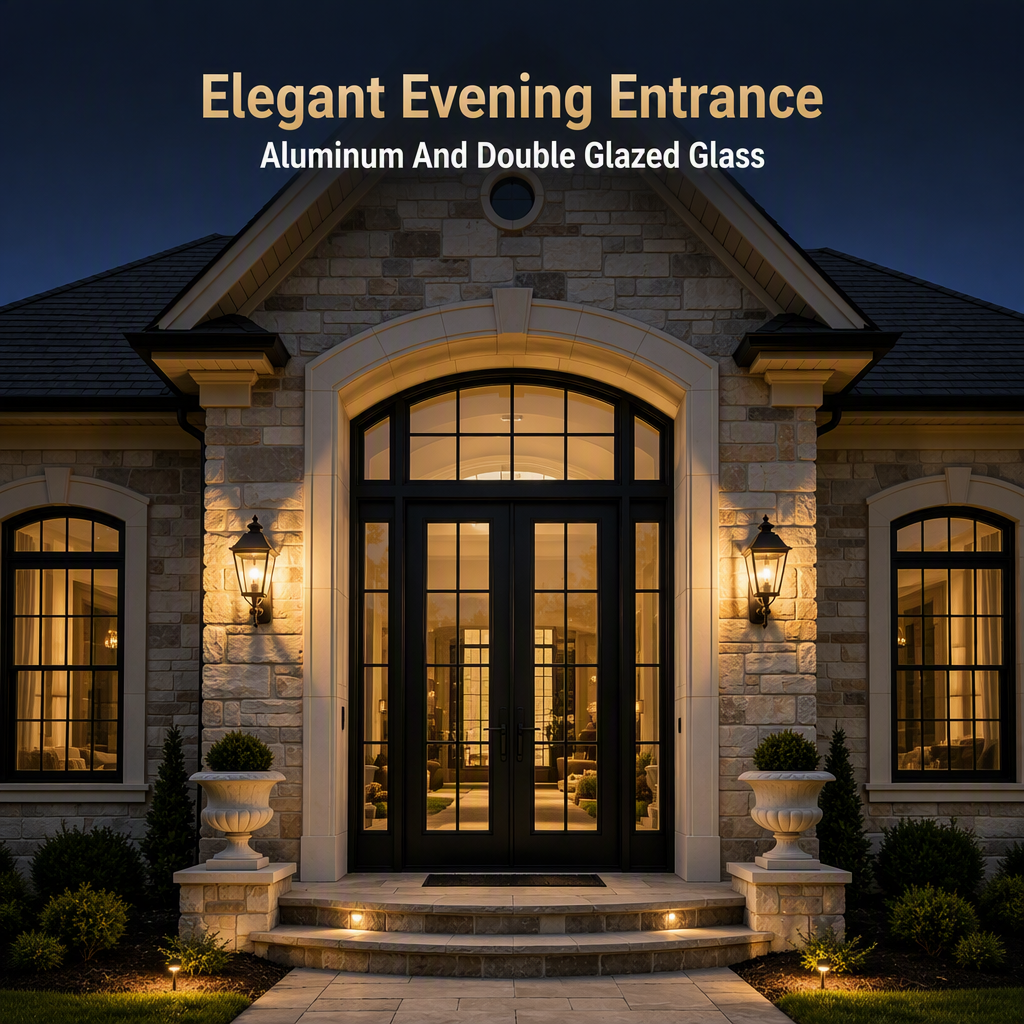 Thermal Break Aluminum Double Entry Door Double Glazed Glass Grand Entrance With Transom for Luxury Residential Homes