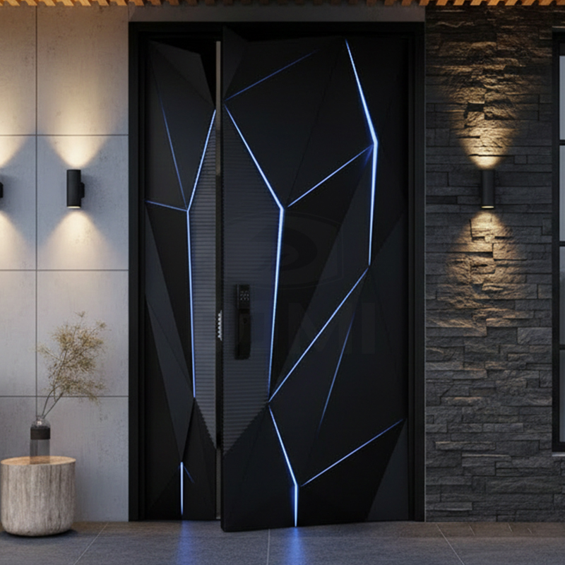 American Villa Big Luxury Black Aluminum Wood Irregular Entrance Door Modern Stainless Steel Front Entry Pivot Door
