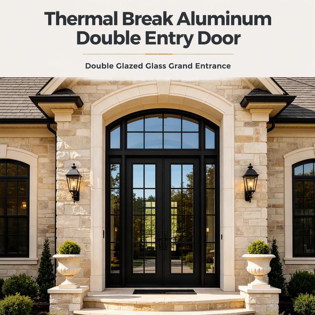 Thermal Break Aluminum Double Entry Door Double Glazed Glass Grand Entrance With Transom for Luxury Residential Homes