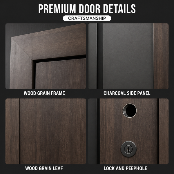 Waterproof Wood Grain Cast Aluminum Double Leaf Entry Door with Charcoal Panel for Corporate Suite