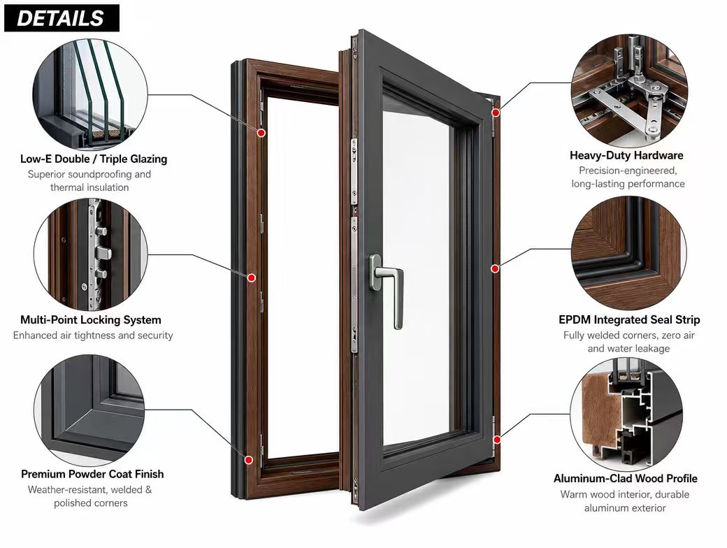 Factory Price Aluminum Wood Composite Casement Window High Performance Double Glazed Outswing Wood Window Manufacturer