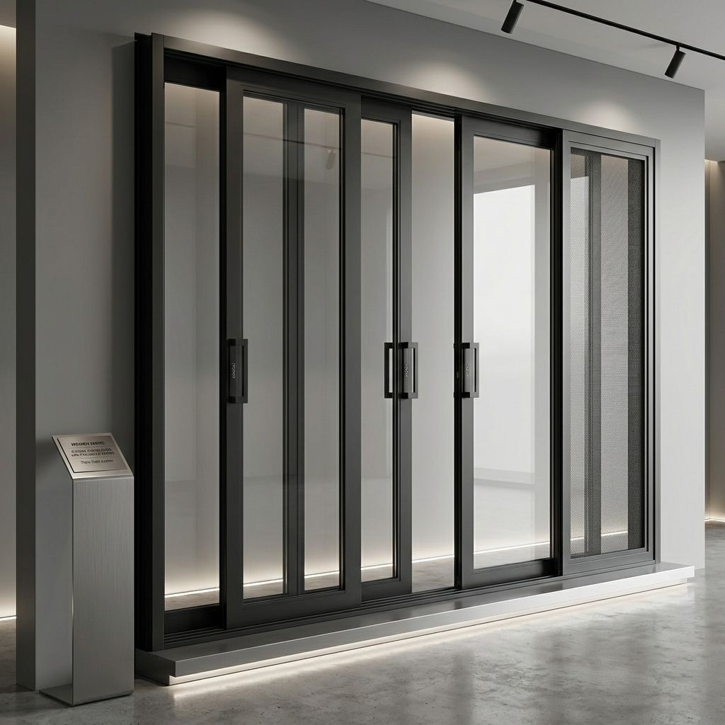High Quality Three Track Six Panel Sliding Door Screen Mesh Insect Net Aluminum Tempered Glass Panoramic Slim Profile