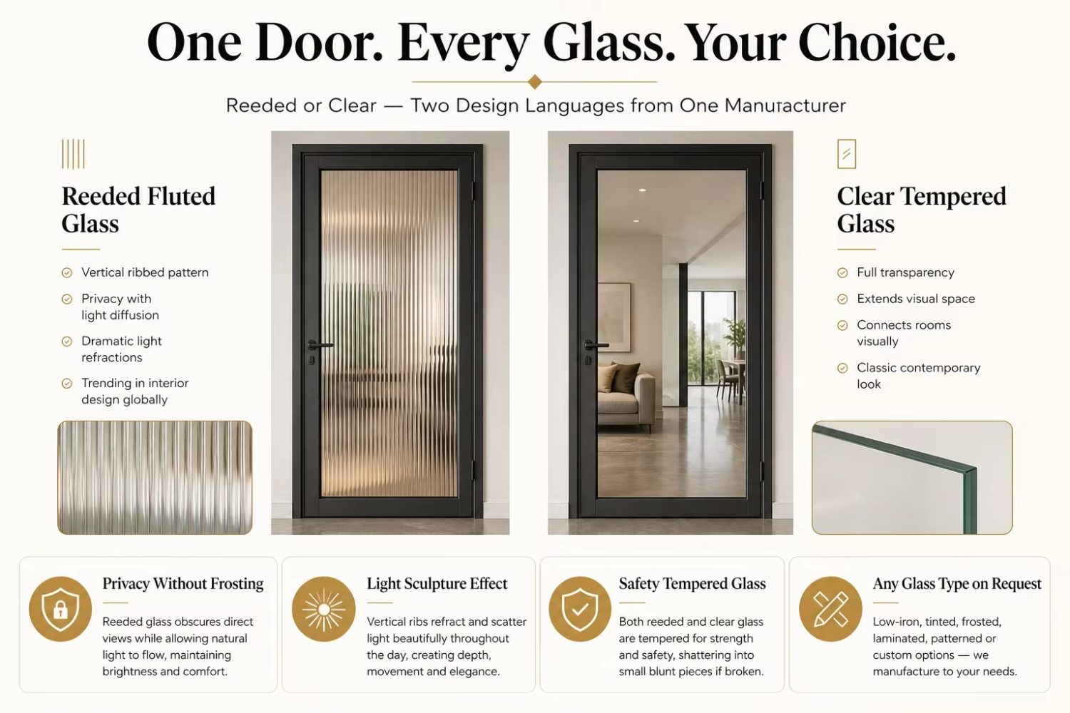 GELLJA Modern Interior Aluminum Swing Door Fluted Glass Narrow Frame Manual CE Certified for Apartment Hotel Bathroom Kitchen