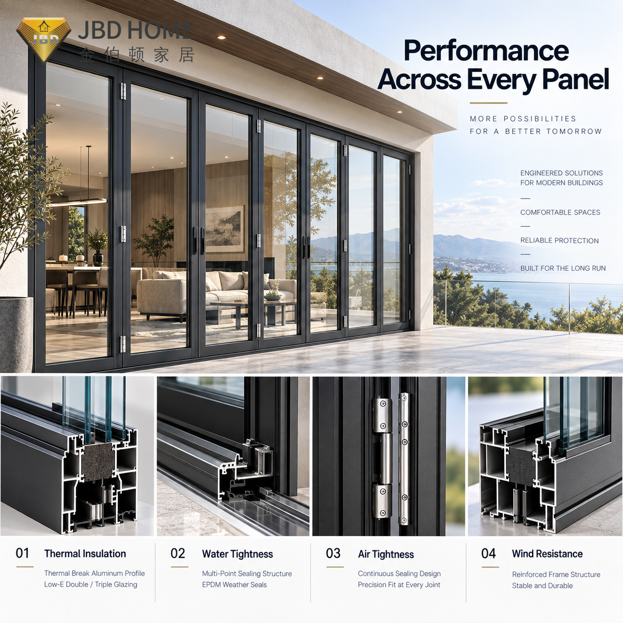 Modern Premium Thermal Break Aluminum Glass Bifold Door Foldable Transparent Invisible Balcony Patio Exterior Villa Bedroom