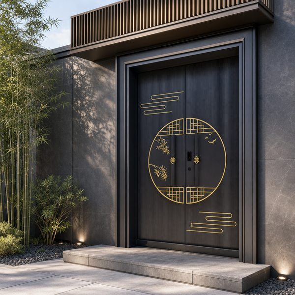 Minimalist Gold Cast Aluminum Entry Door with Lattice Band Bamboo Motif Anti-Theft &amp; Thermal Insulation for Villa Commercial Use