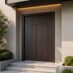 Waterproof Wood Grain Cast Aluminum Double Leaf Entry Door with Charcoal Panel for Corporate Suite