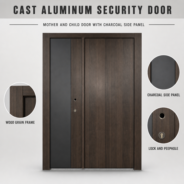 Waterproof Wood Grain Cast Aluminum Double Leaf Entry Door with Charcoal Panel for Corporate Suite