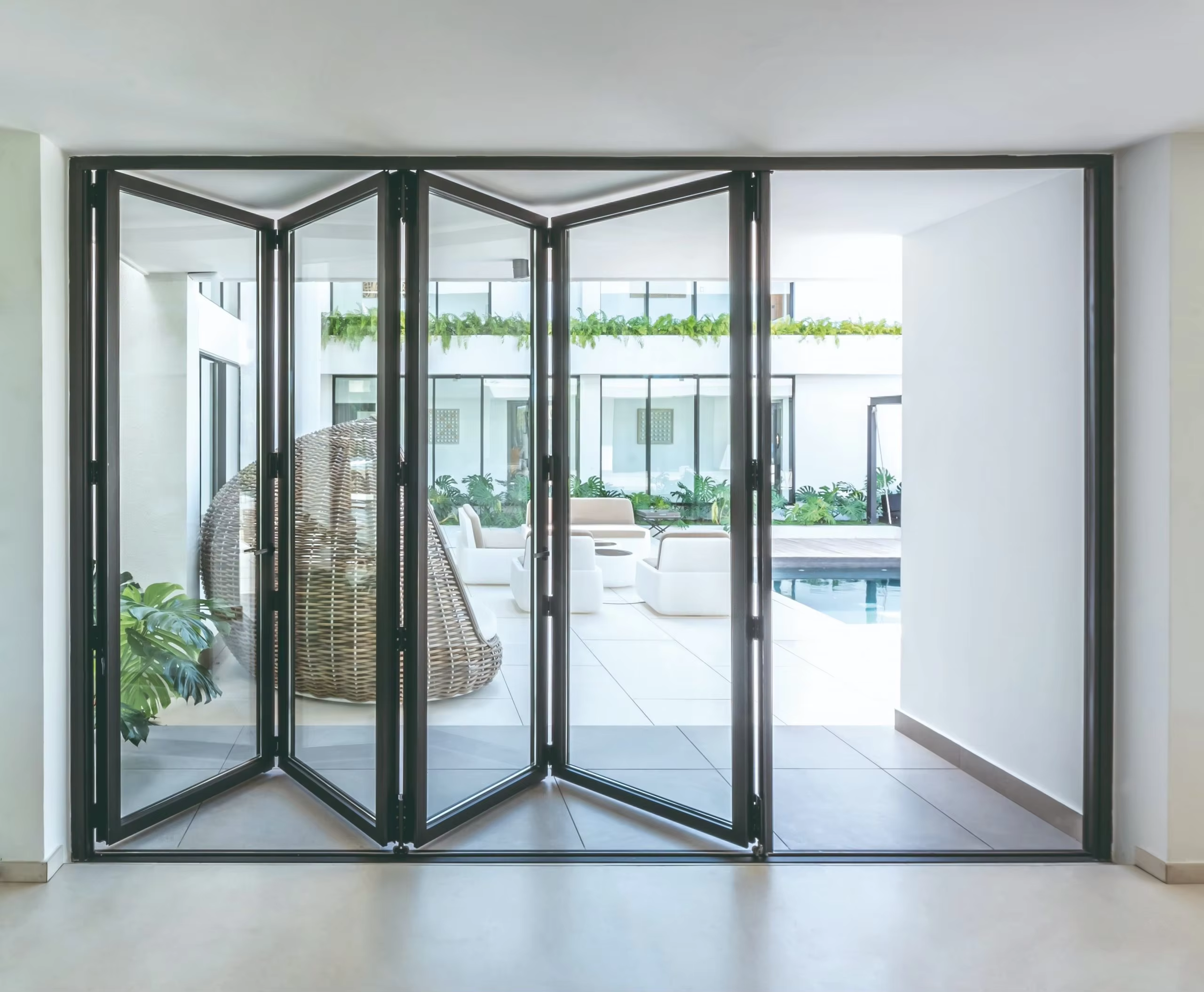 JUNYAO OEM Custom Top Hung Heavy Duty Concertina Hinge Wobble Free Aluminum Folding Door Unit AS2047 CE NFRC School Building