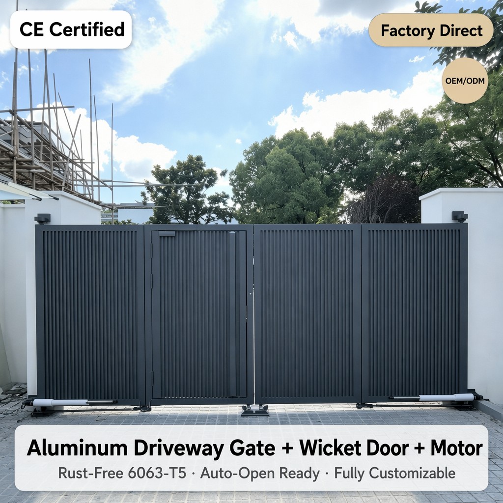 Custom Aluminum Driveway Gate Wicket Door Auto Swing Motor Louver Design Rust-free 6063-T5 Powder Coated Ce Oem Factory