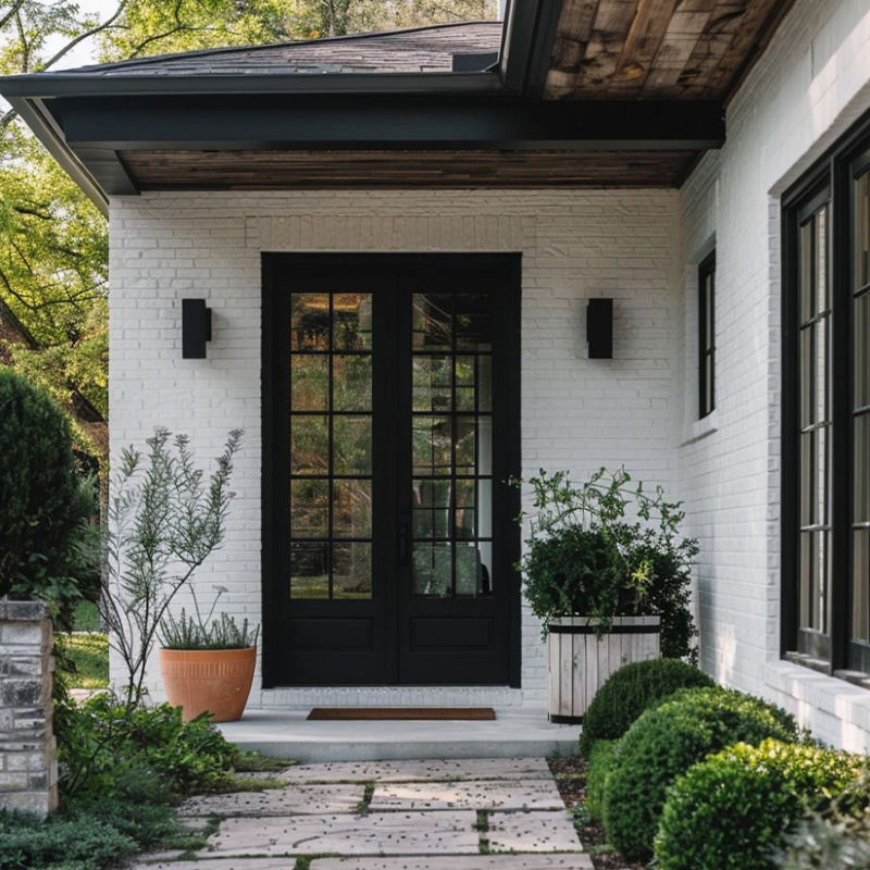 Exterior Aluminum French Doors with Security Grid Design Black Frame