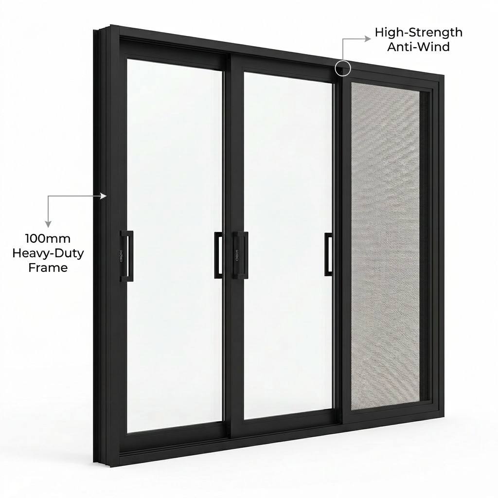High Quality Three Track Six Panel Sliding Door Screen Mesh Insect Net Aluminum Tempered Glass Panoramic Slim Profile