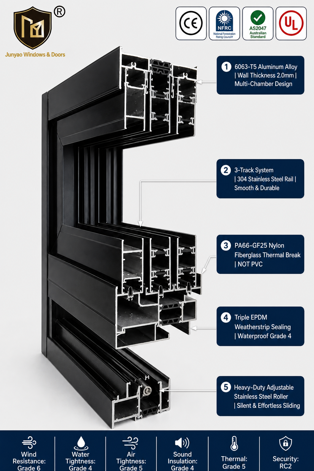 JUNYAO OEM Custom Top Hung Heavy Duty Concertina Hinge Wobble Free Aluminum Folding Door Unit AS2047 CE NFRC School Building