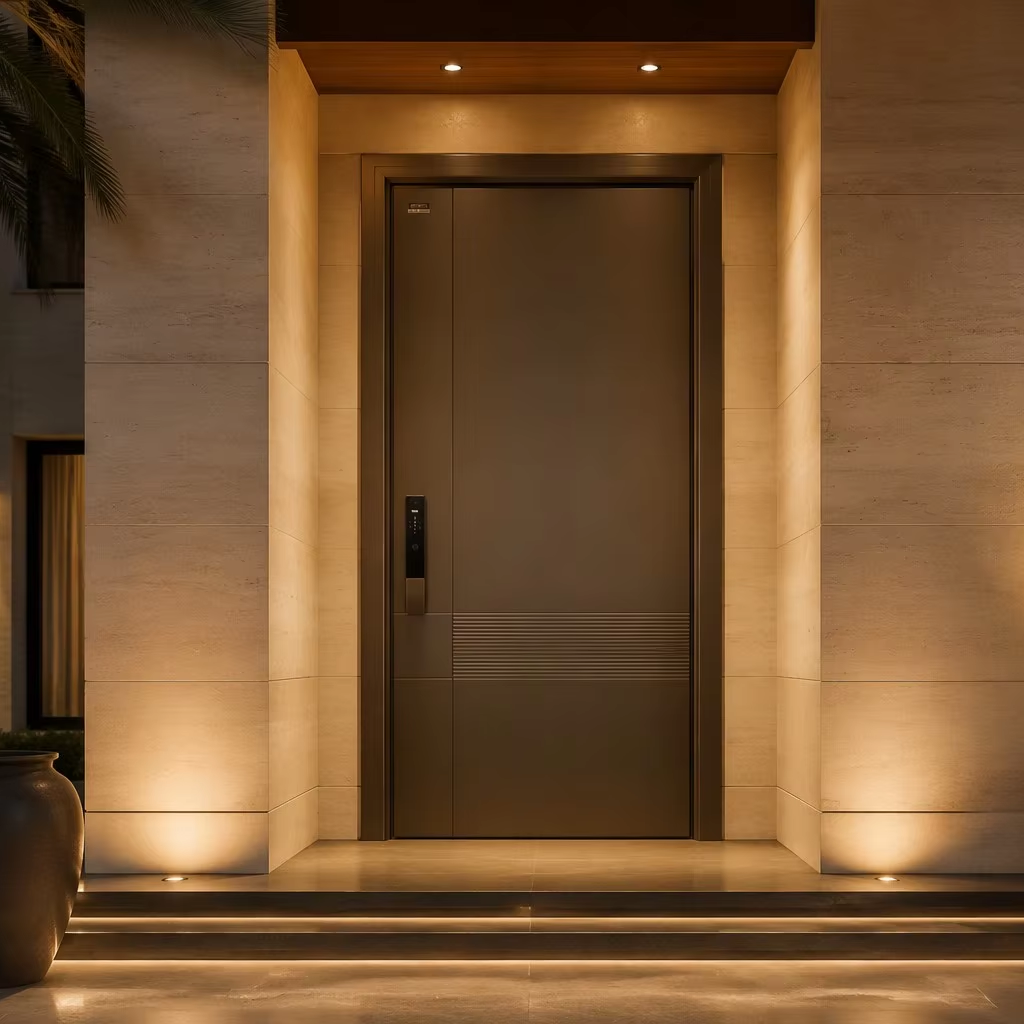European Style Aluminum Door Modern Contemporary Matte Charcoal Finish Grooved Single Security Entry Door Bespoke Custom Design