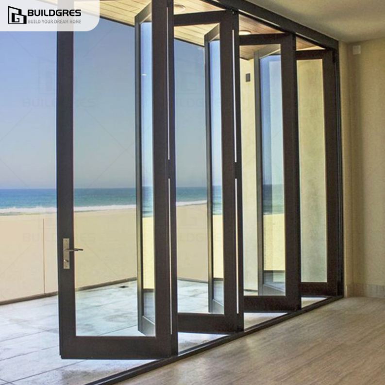 Custom Heavy Duty Aluminum Concertina Bi-Fold Door Storm Proof EPDM Sealing Stackable Folding Glass Door Buildgres 5-Year
