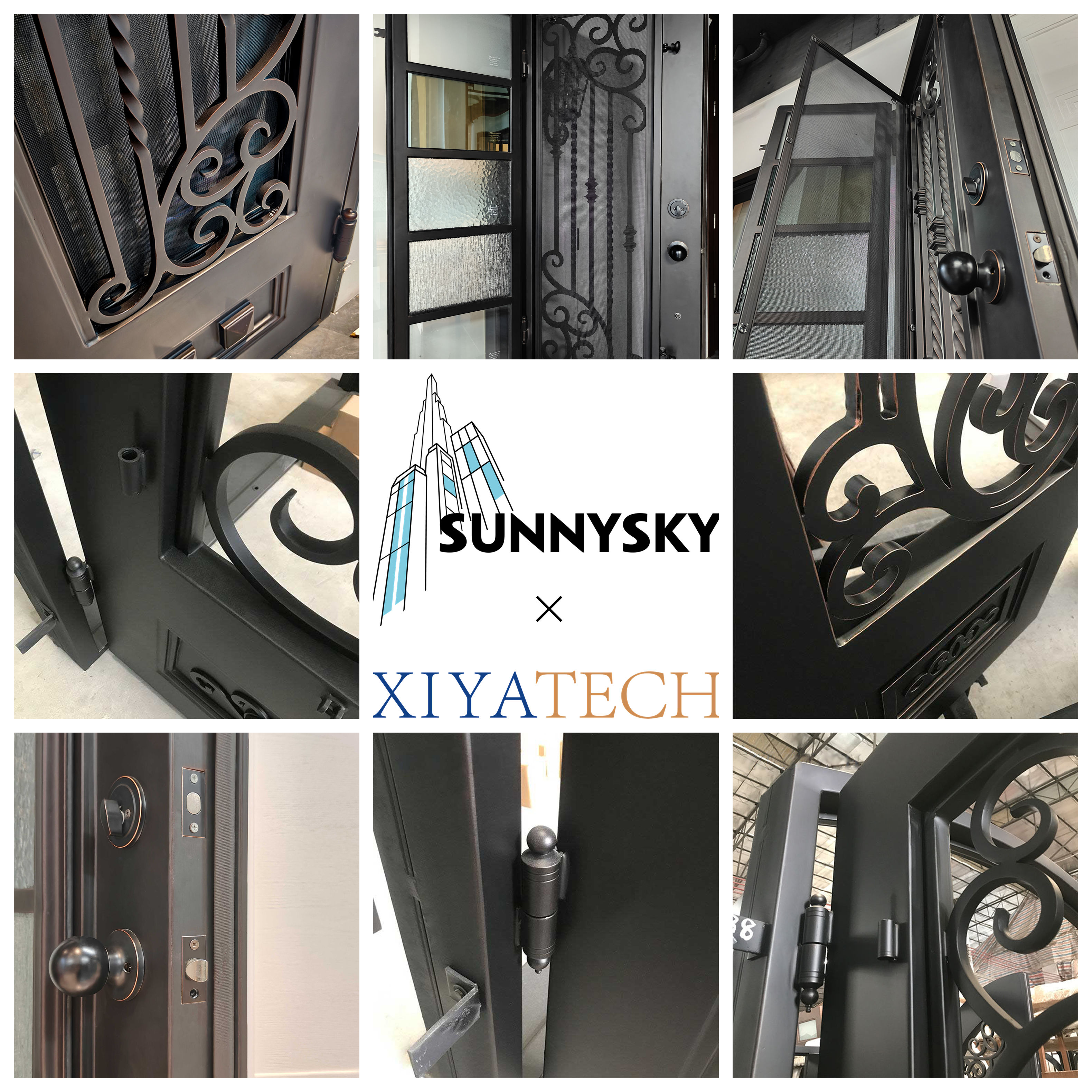 XIYATECH Luxury Main Entrance Security Frosted Glass Exterior Doors Europe Wrought Iron Entry Double Doors