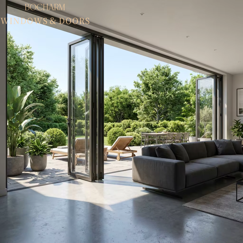 BOCHARM Aluminum Alloy Foldable Concertina Folding Bi-fold Doors Double Tempered Glass Ultra-Slim Profile for Supermarket