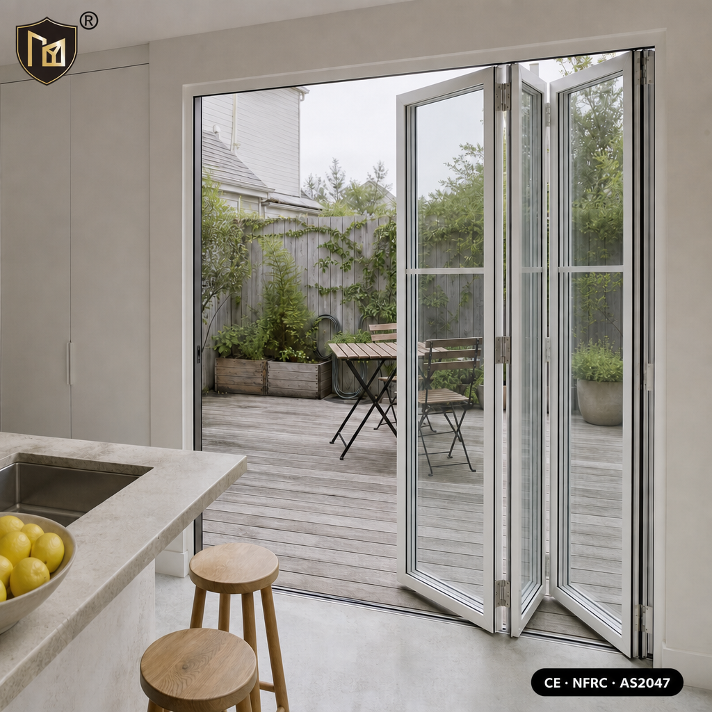 JUNYAO OEM Custom Top Hung Heavy Duty Concertina Hinge Wobble Free Aluminum Folding Door Unit AS2047 CE NFRC School Building