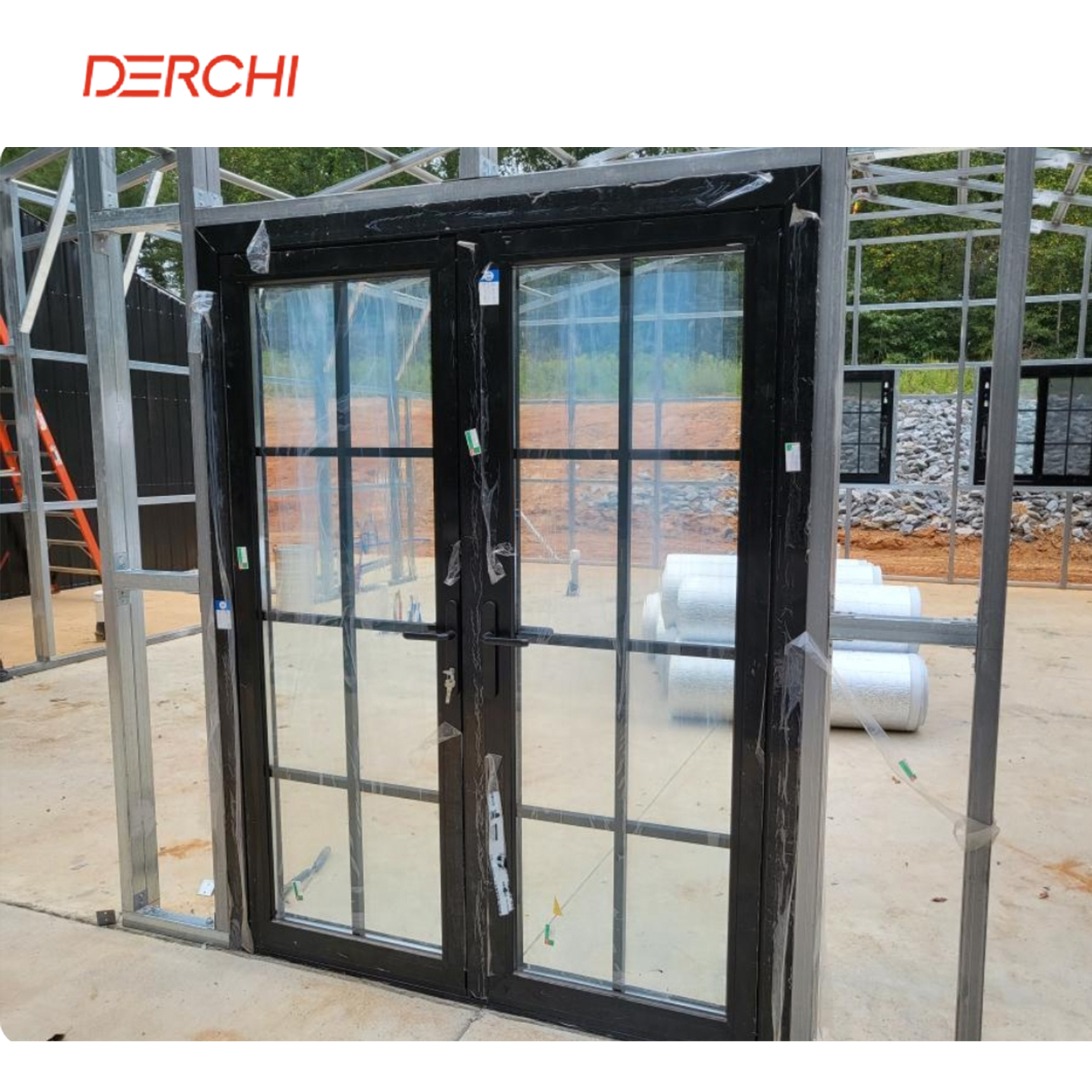 DERCHI Soundproof Double Glazing Used Exterior Hurricane Proof Aluminum Patio French Doors for Sale
