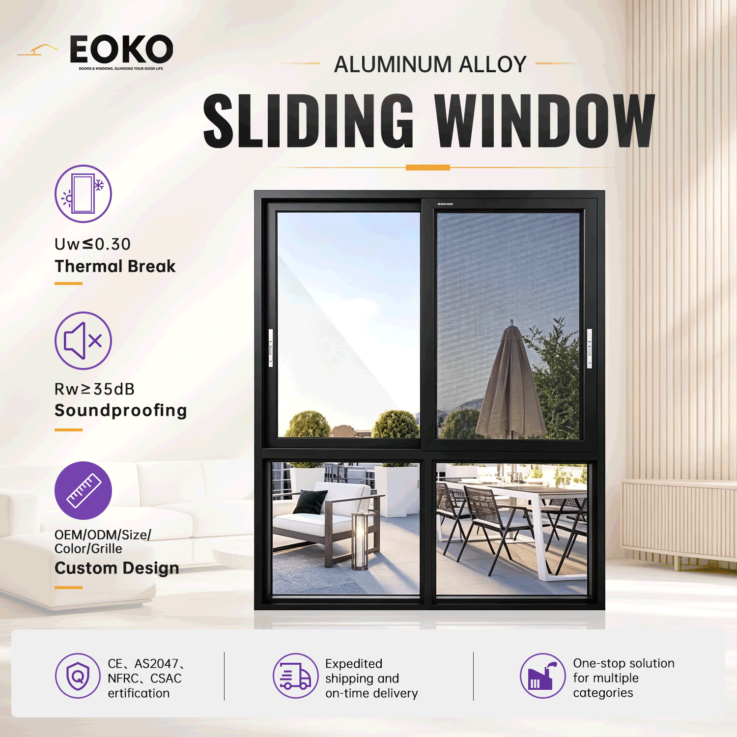 EOKO Commercial Aluminium Windows for Buildings Double Glazed Sliding Windows Aluminum Frame Modern Custom One-stop Solution