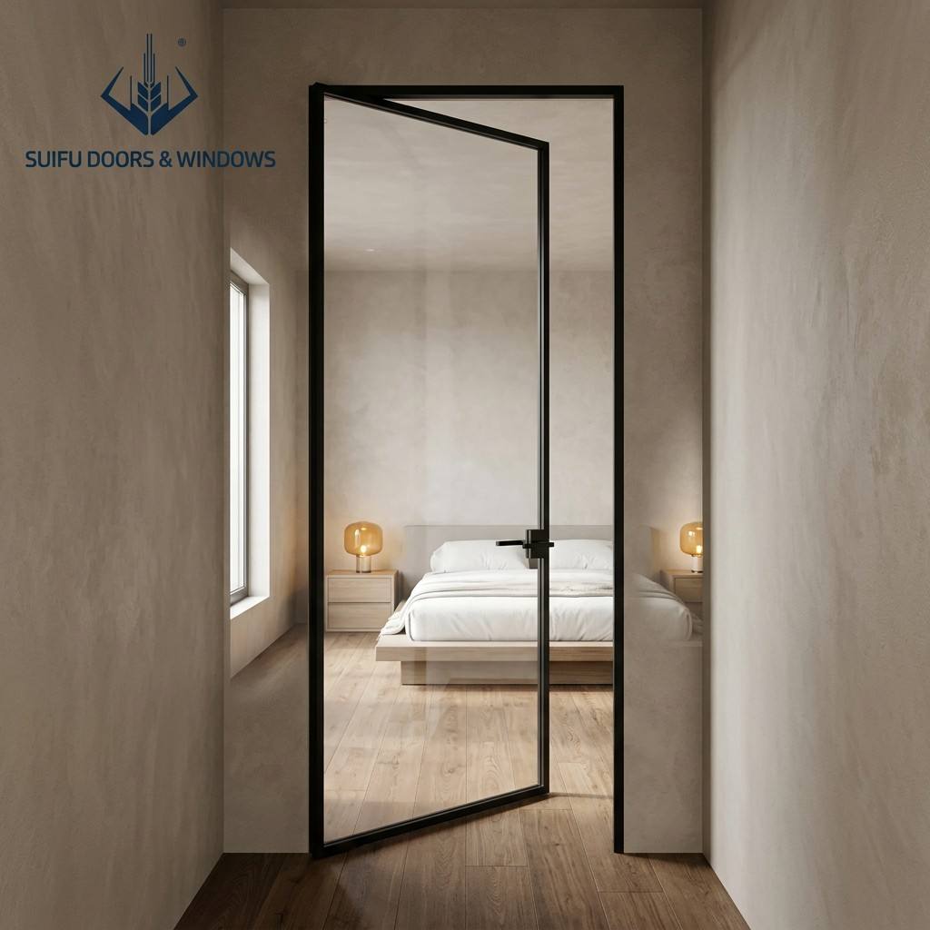 Minimalist Slim Frame Aluminum Swing Door for Bathroom Kitchen Fluted Glass Narrow Frame Casement Door with Magnetic Mute Lock