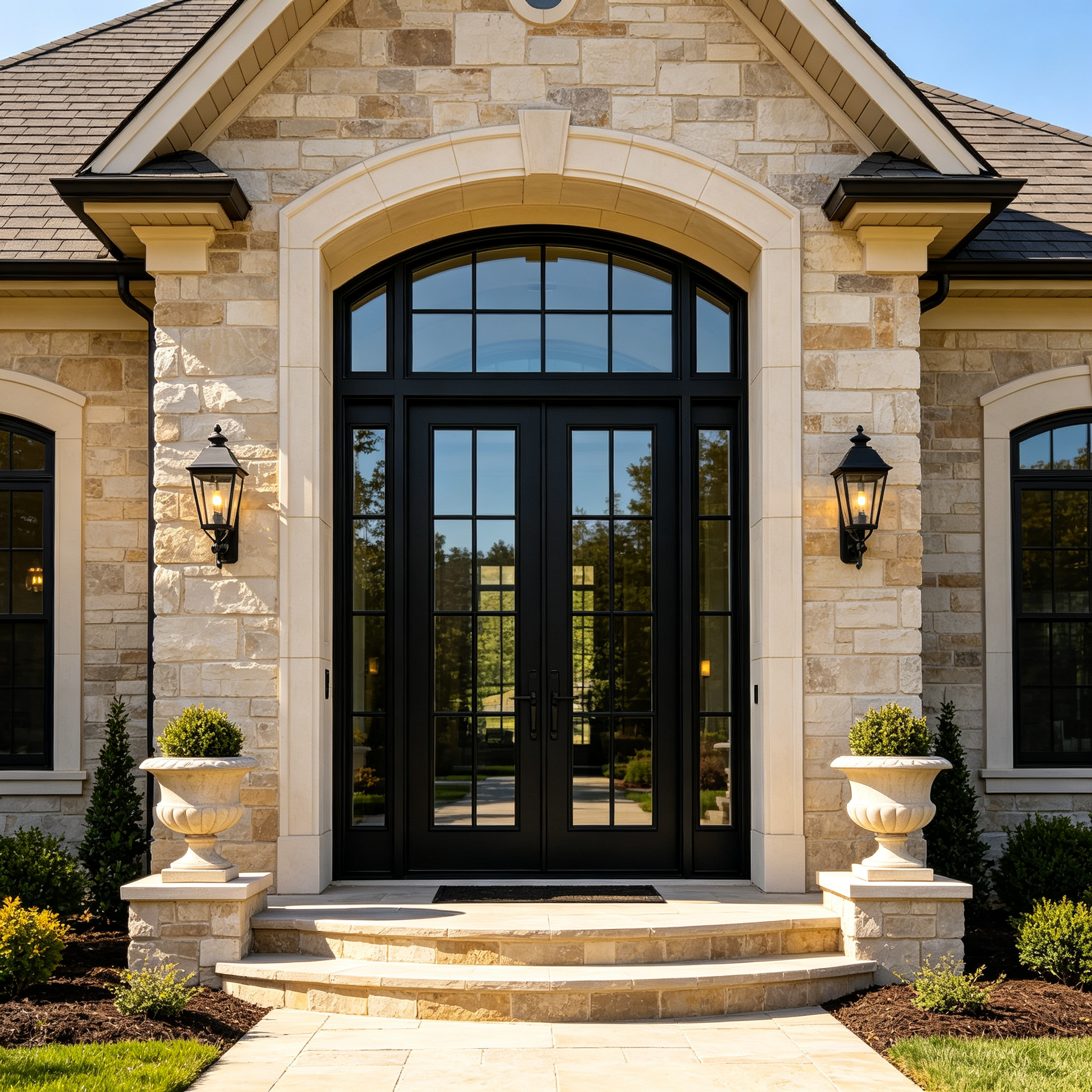 Thermal Break Aluminum Double Entry Door Double Glazed Glass Grand Entrance With Transom For Luxury Residential Homes