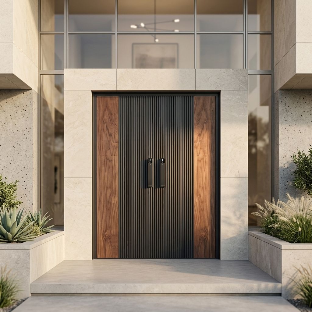 Minimalist Aluminum Pivot Door Wood Grain Villa Front Entry