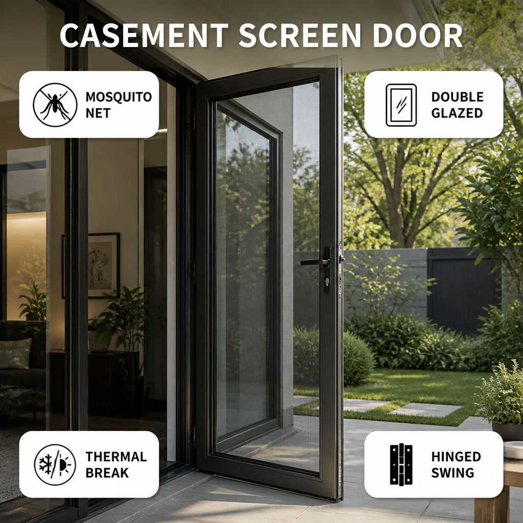 Aluminum Casement Door Screen Mosquito Net Fly Double Glazed Thermal Break Exterior Entry Patio Hinged Sound Insulation NFRC