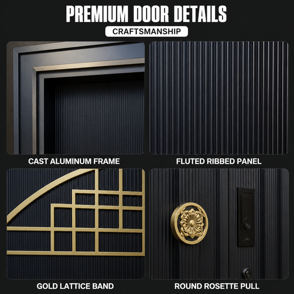 Minimalist Gold Cast Aluminum Entry Door with Lattice Band Bamboo Motif Anti-Theft &amp; Thermal Insulation for Villa Commercial Use