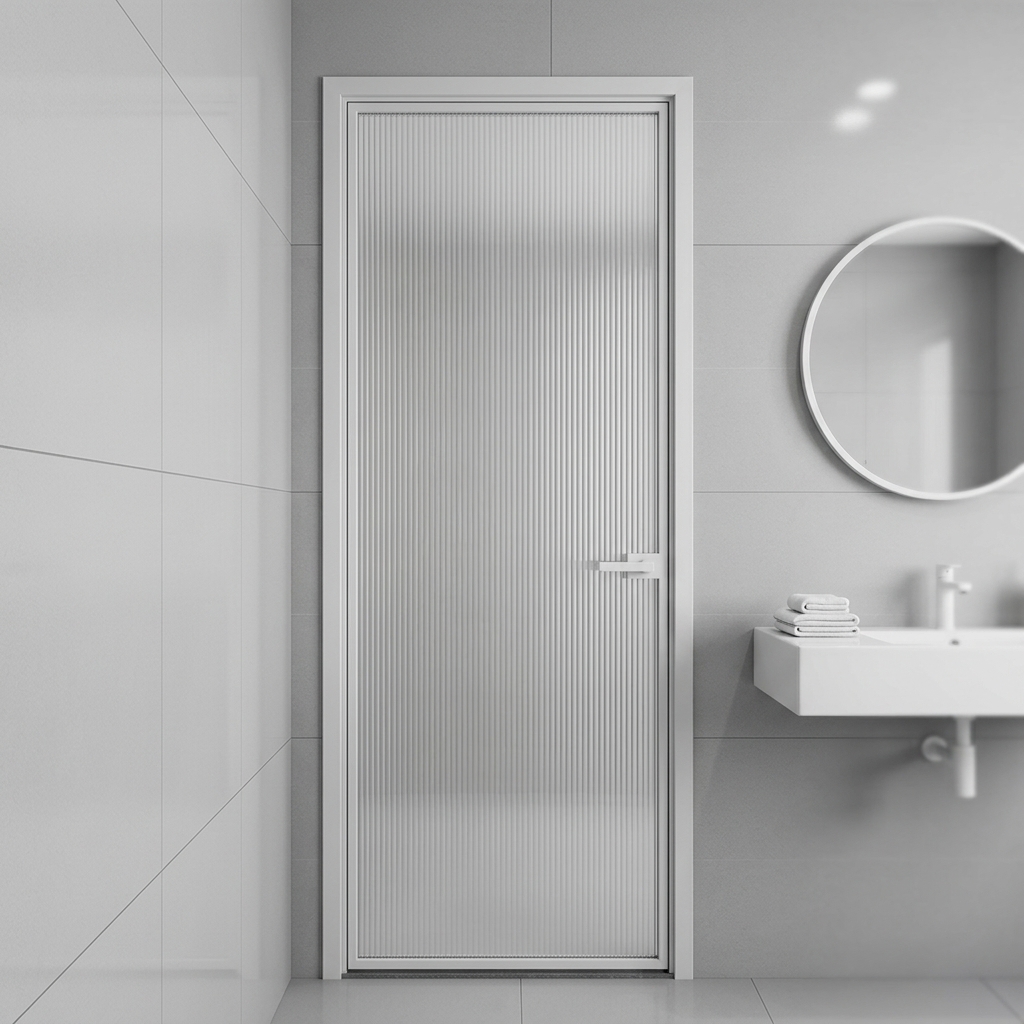 Factory Wholesale Minimalist Matte White Slim Aluminum Full Vertical Ribbed Frosted Glass Interior Bathroom Door