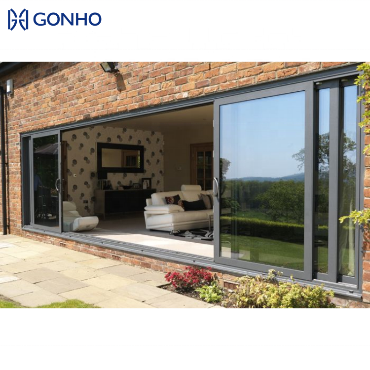 GONHO Luxury Partition Wall Side Four Tracks Heavy Duty Large Opening Aluminum Glass Sliding Door