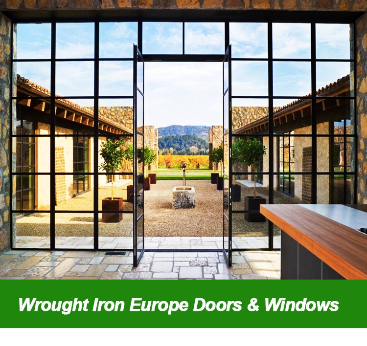 French Steel Crittall Door with Steel Wrought Iron Window Grill Design