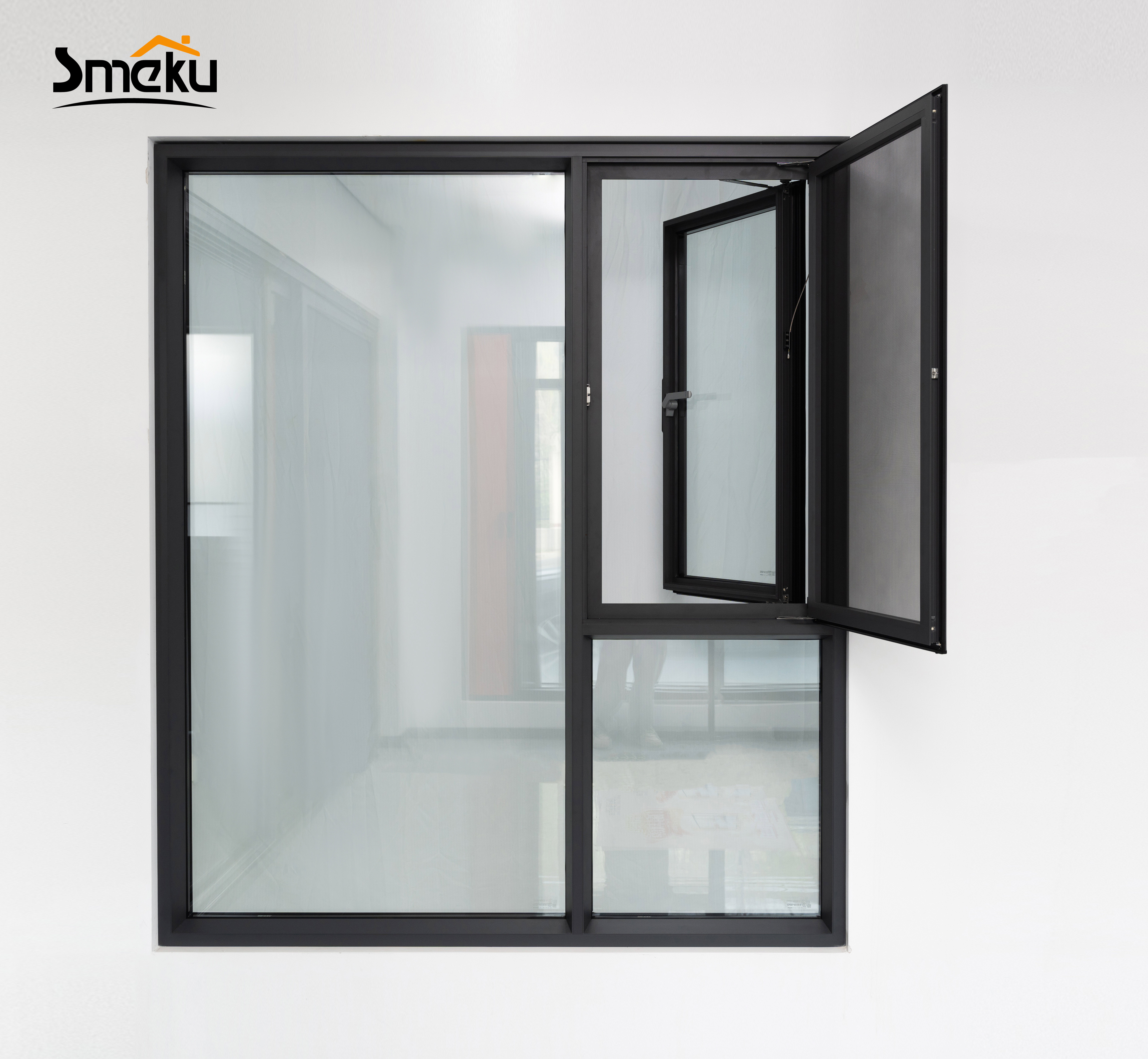 Custom Luxury Anthracite Grey Aluminum Alloy Swing Casement Window and Fixed Glass Panel for Modern Bedroom &amp; Kitchen Apartment