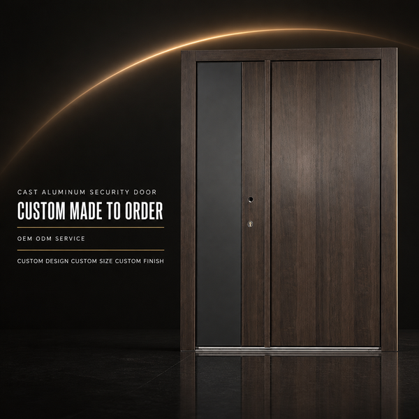 Waterproof Wood Grain Cast Aluminum Double Leaf Entry Door with Charcoal Panel for Corporate Suite