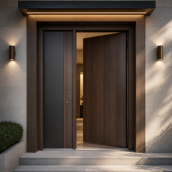 Waterproof Wood Grain Cast Aluminum Double Leaf Entry Door with Charcoal Panel for Corporate Suite