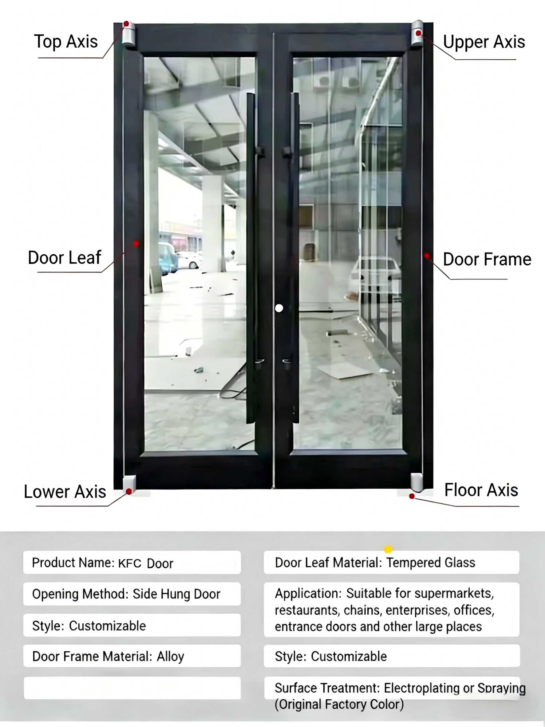 KFC Shop Front Door Aluminum Single Swing Glass Entry Door Aluminum KFC Door for Commercial Main Entrance