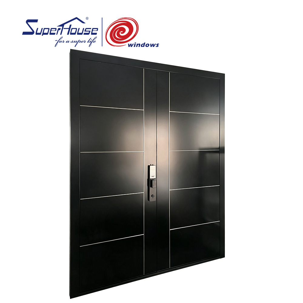 Modern Style Aluminum Double Entry Door Custom Design Exterior Front Door With Smart Lock Long Pull Handle For Luxury Villa